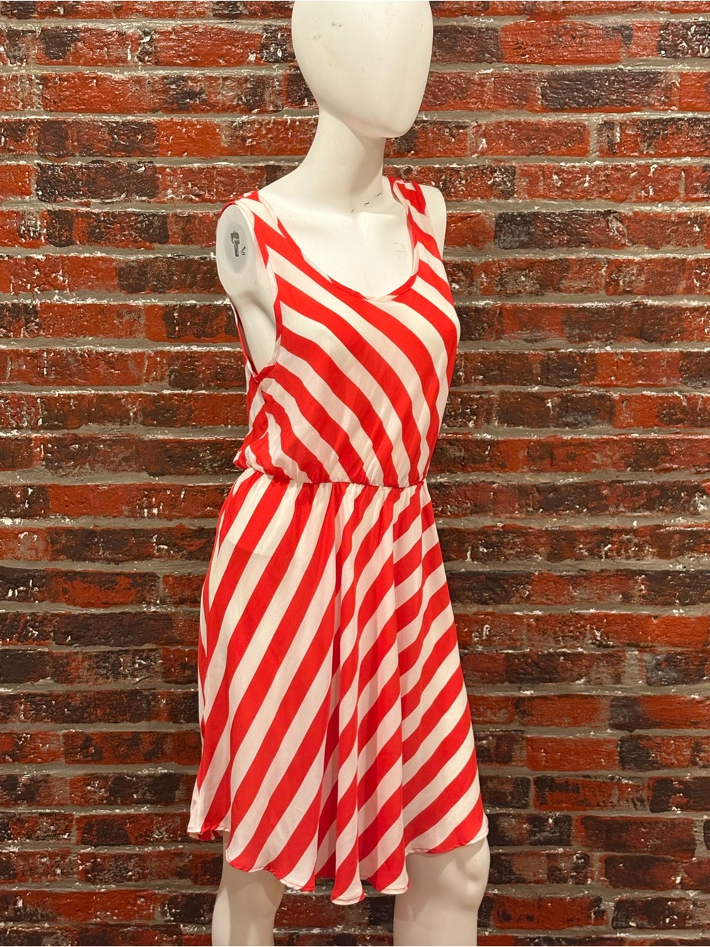 Manito Sleeveless Red and White Diagonal Stripe Midi Dress